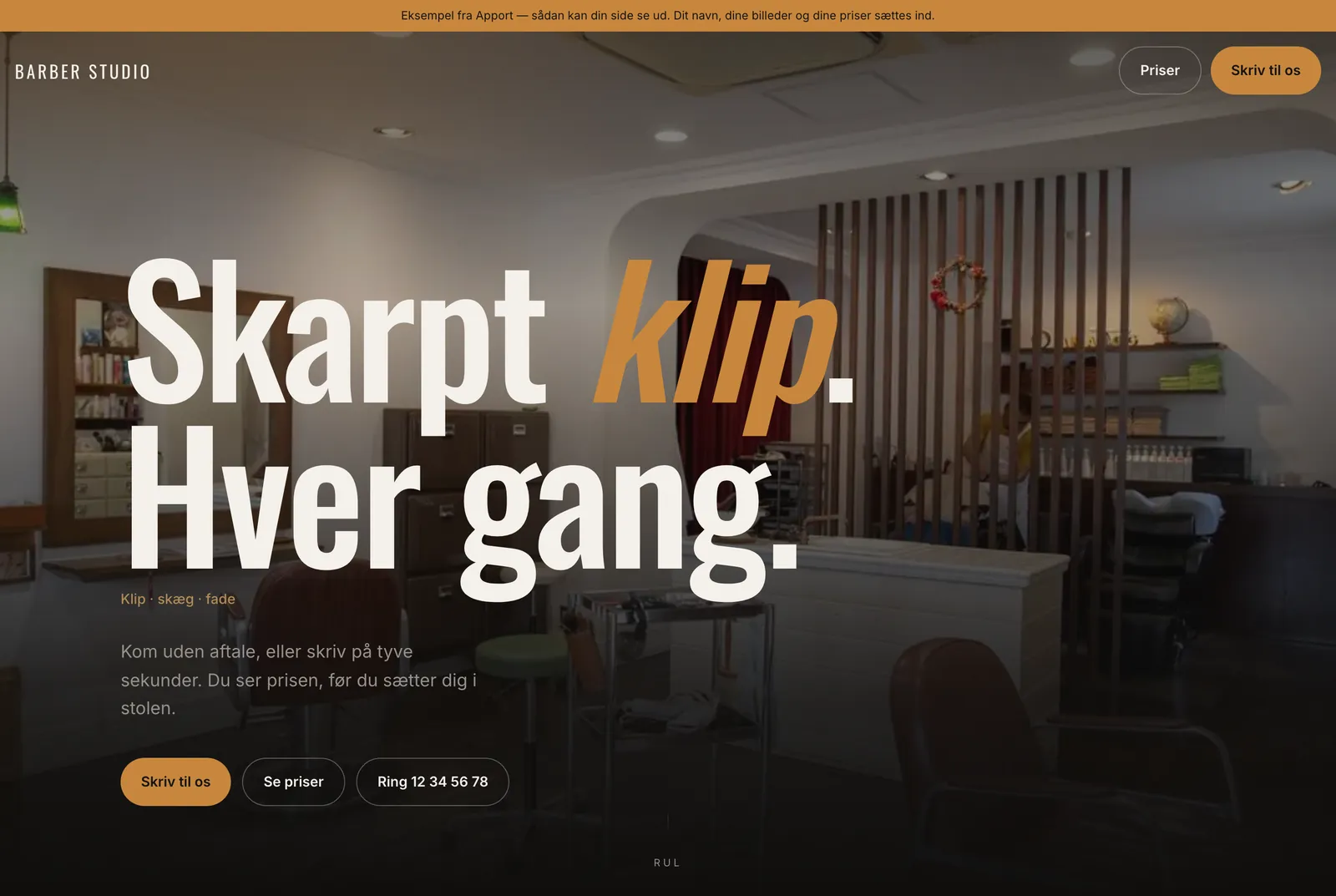 Eksempel på en barbershop-hjemmeside bygget af Apport