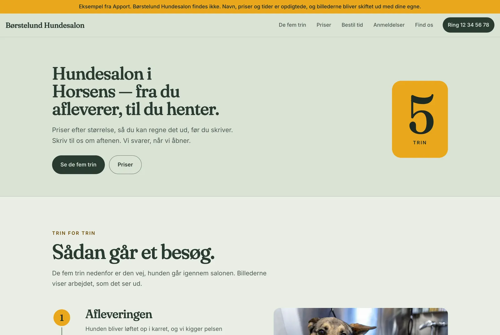 Eksempel på en hundesalon-hjemmeside bygget af Apport