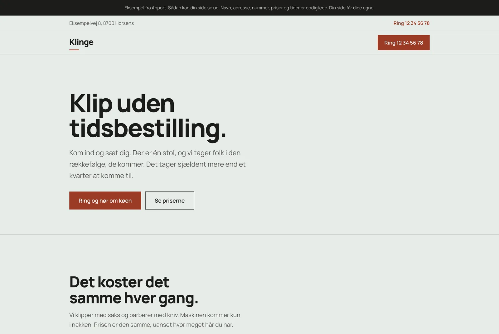 Eksempel på en barber-hjemmeside bygget af Apport