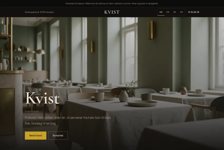 Eksempel på en restaurant-hjemmeside bygget af Apport
