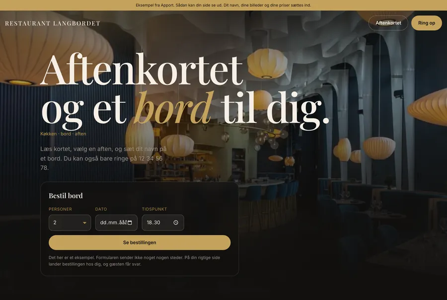 Eksempel på en restaurant-hjemmeside bygget af Apport