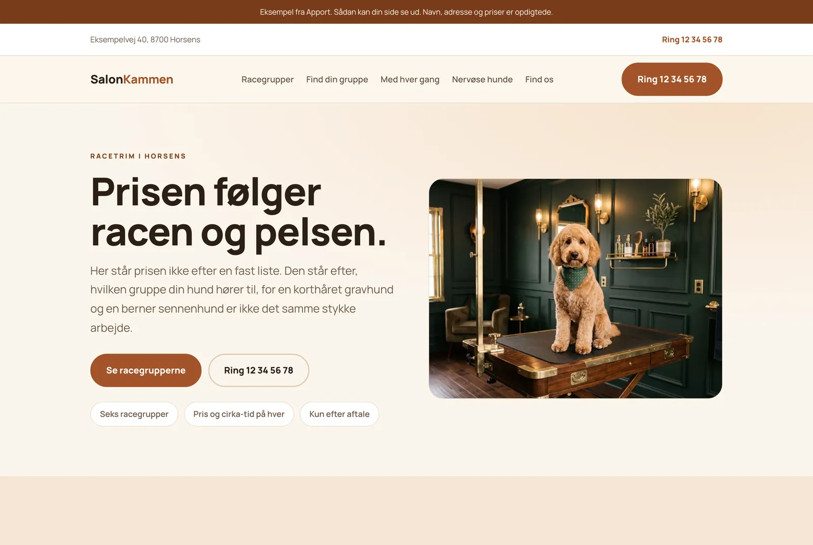 Eksempel på en hundesalon-hjemmeside bygget af Apport