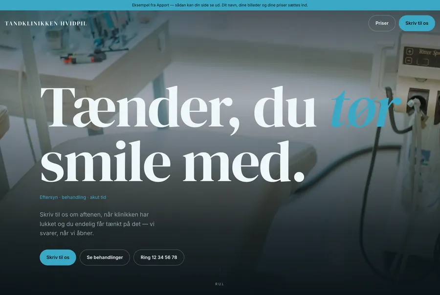 Eksempel på en tandklinik-hjemmeside bygget af Apport
