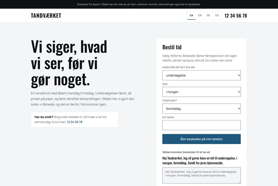 Eksempel på en tandklinik-hjemmeside bygget af Apport