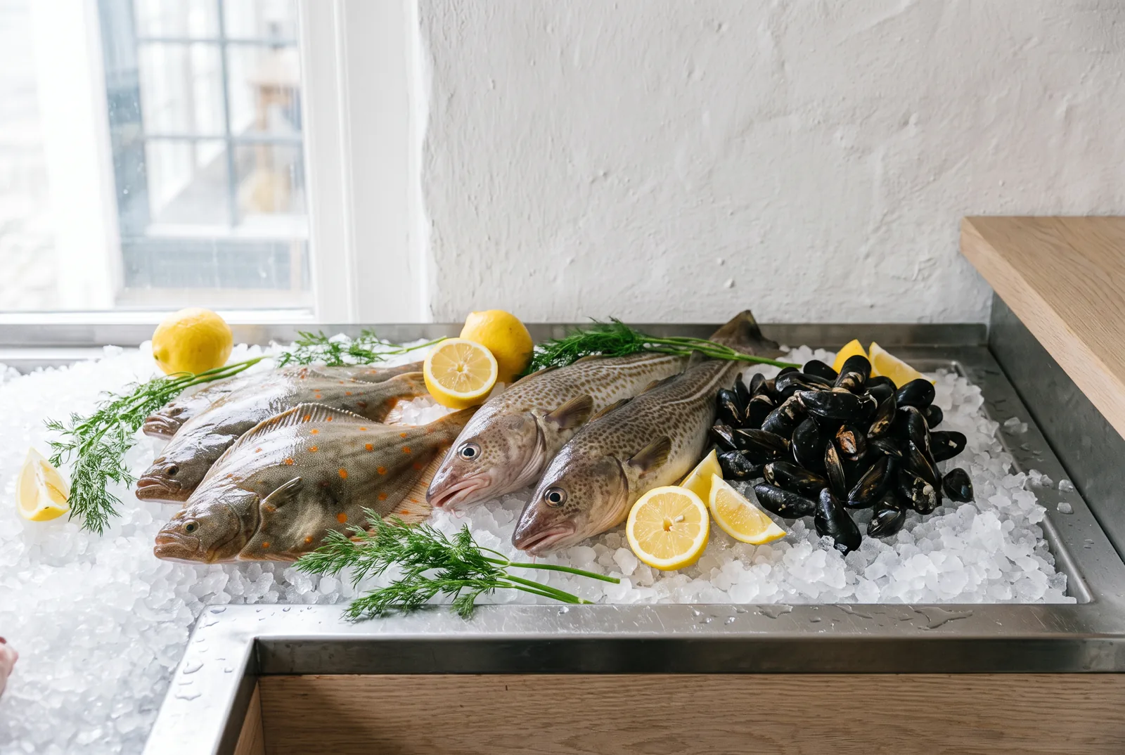 Hele fisk på knust is i disken med citroner og dild