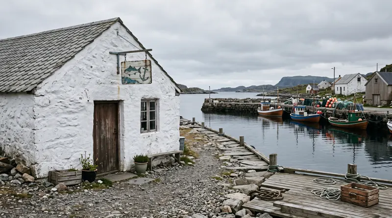 Den hvidkalkede facade med træbeklædt dør
