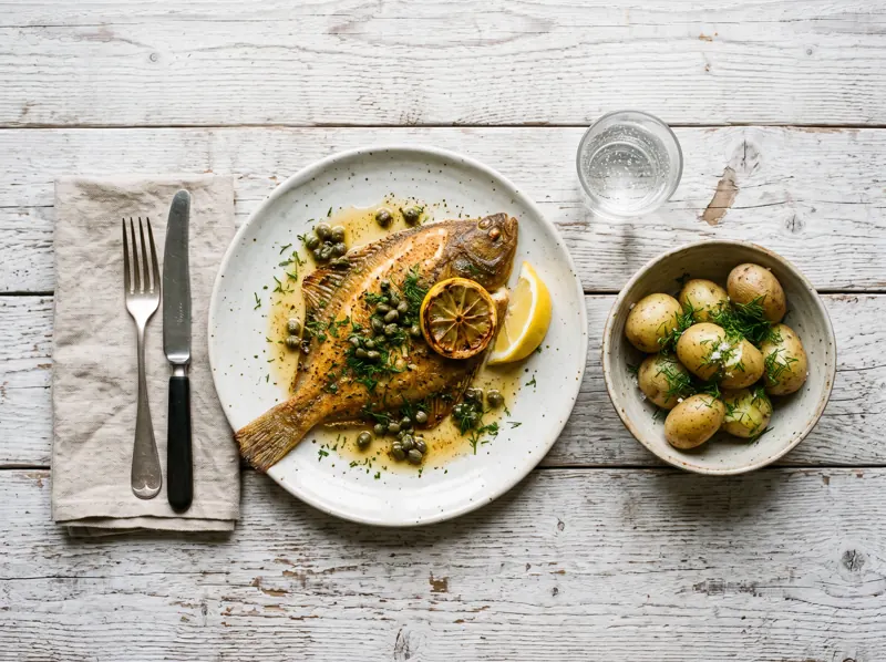 Stegt rødspætte med brunet smør, kapers og citron