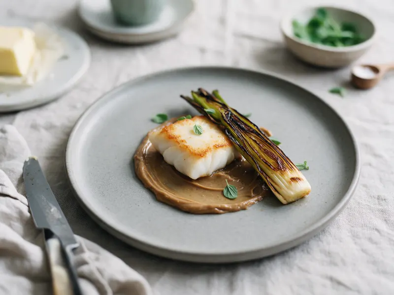 Et stykke stegt hvid fisk på brunet smør med en grillet porre og små urteblade, på en grå tallerken på en hørdug