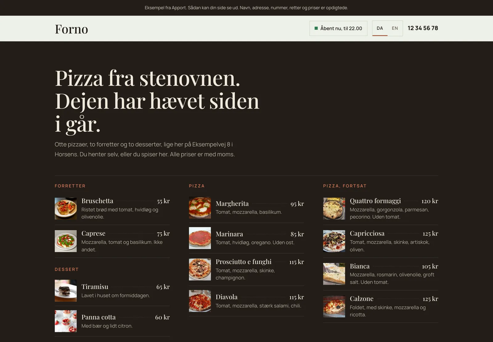 Skærmbillede af eksemplet Forno, pizzeria