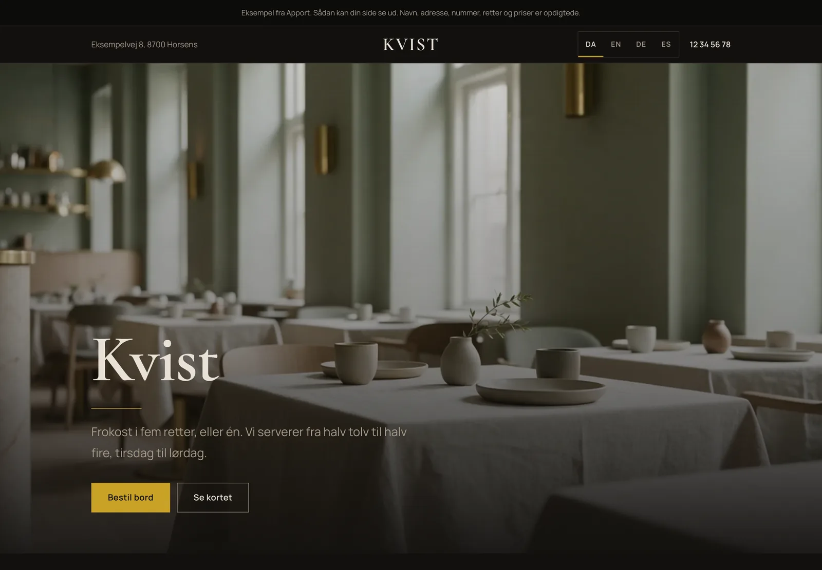 Skærmbillede af eksemplet Kvist, frokostrestaurant