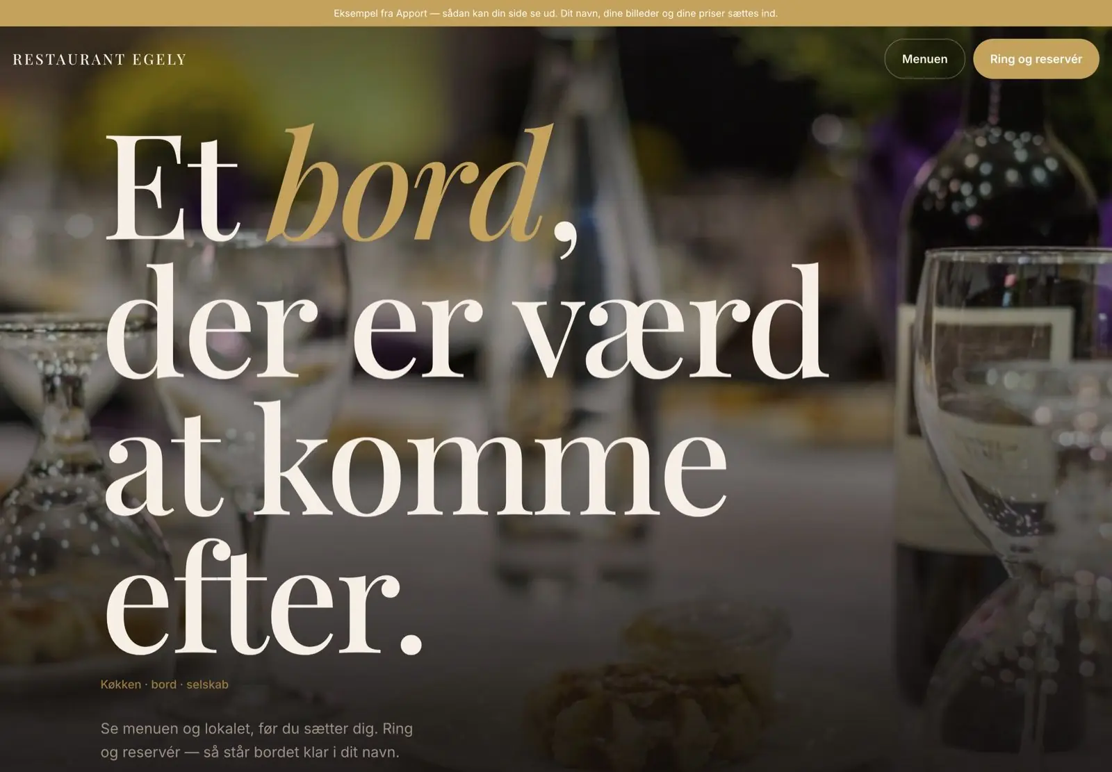 Eksempel på en restaurant-hjemmeside bygget af Apport