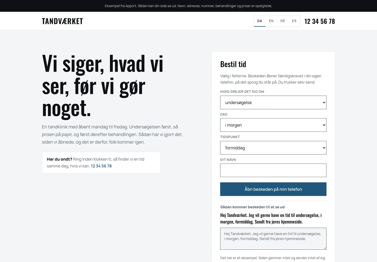 Skærmbillede af eksemplet Tandværket, tandklinik