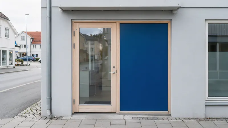 Grå facade med en glasdør i lyst træ og en dyb blå dør ved siden af, på en gade med brosten
