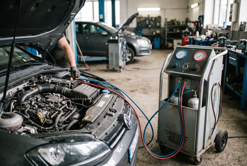 Aircondition-maskine med to målere står koblet til motorrummet på en bil med åben hjelm