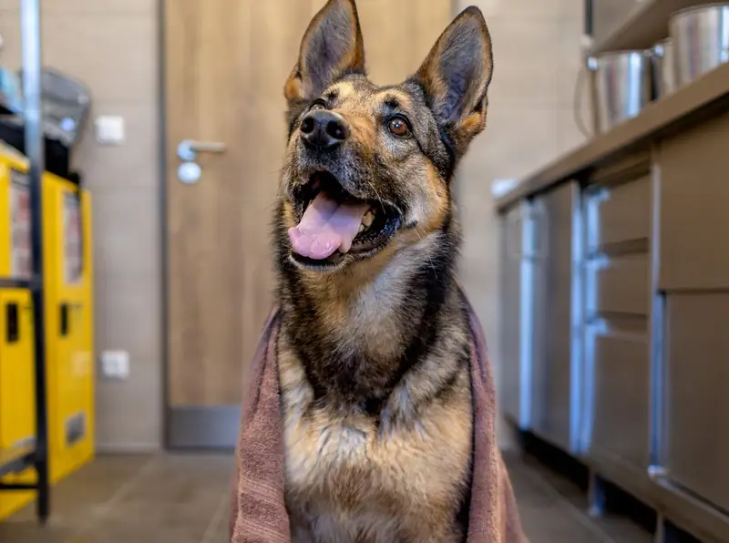 Hund med håndklæde over ryggen sidder i salonen efter badet