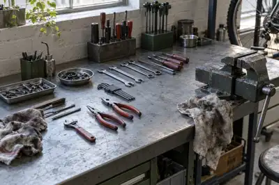Et værkstedsbord med udlagt værktøj, en skruestik og olieklude set skråt oppefra