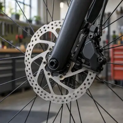 En skivebremse på et cykelhjul set tæt fra siden i værkstedslys
