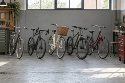 Syv cykler stillet op på række mod en lys betonvæg i et stort rum med vinduer