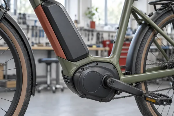 En el-cykels motor og batteri set tæt på i værkstedslys