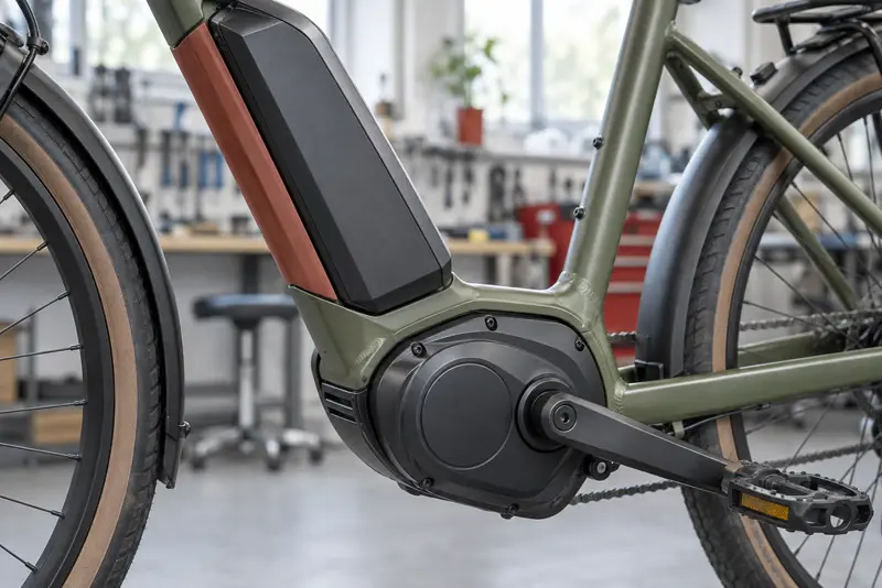 En el-cykels motor og batteri set tæt på i værkstedslys