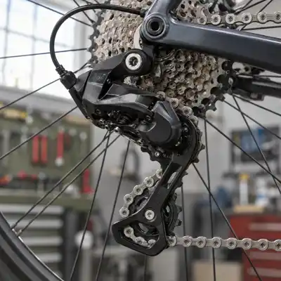 Et bagskifter og en kassette på en cykel set tæt fra siden i værkstedslys