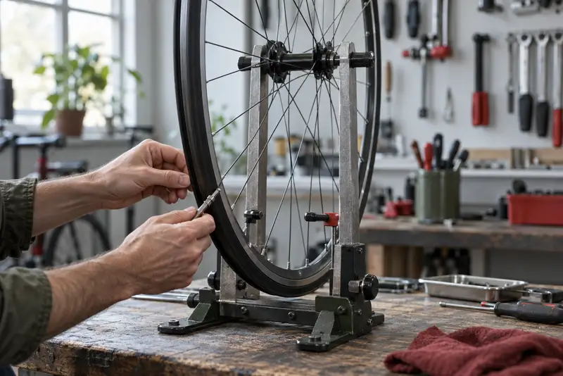 Et cykelhjul i en opretter på et værkstedsbord, mekanikerens hænder på egerne, værktøj i baggrunden