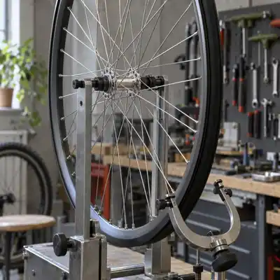 Et opbygget cykelhjul med blanke eger stående i en opretter