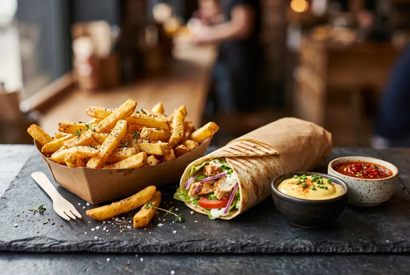 Pommes frites i papbakke og en dürum pakket i papir med to små skåle dip