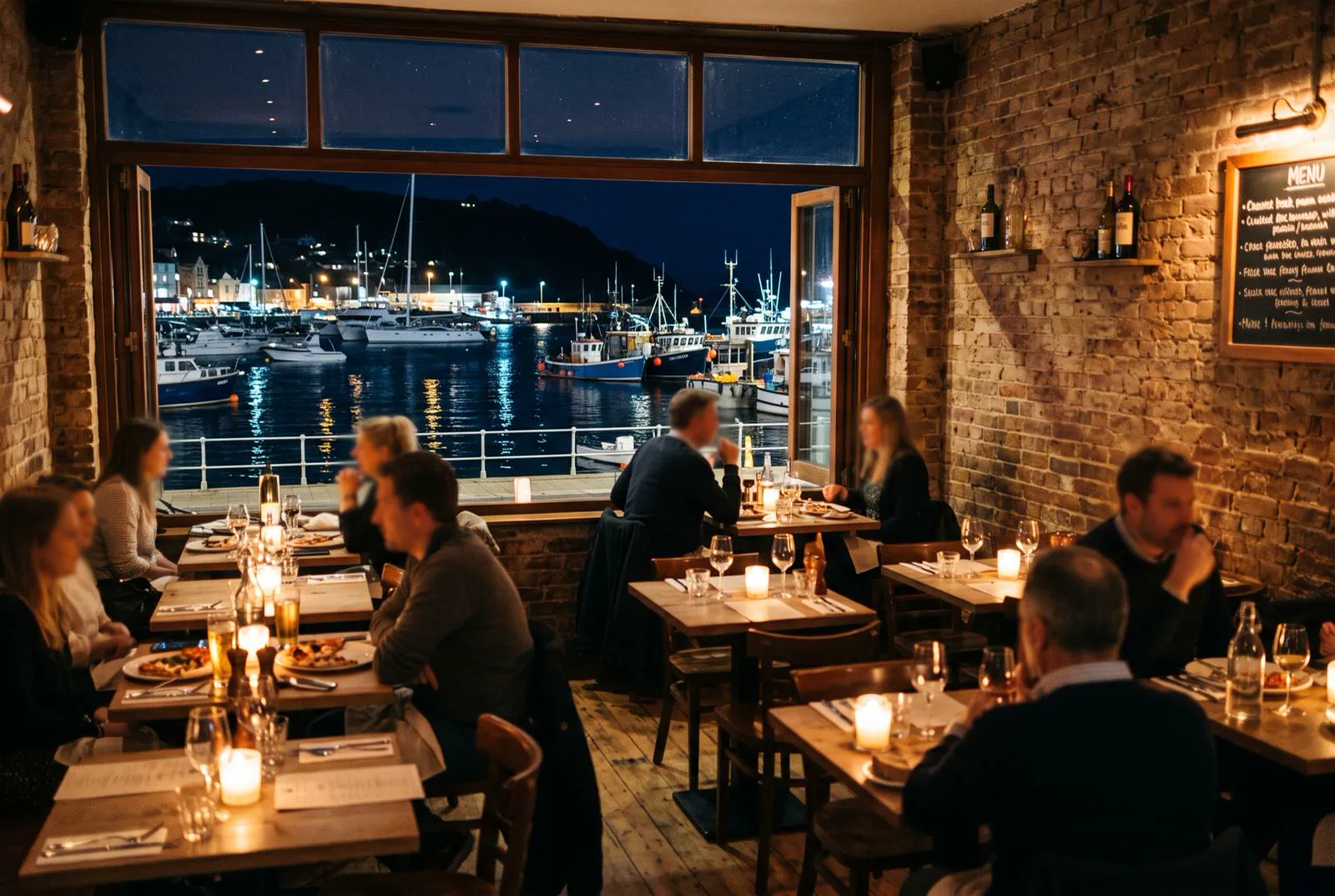Gæster ved bordene om aftenen med udsigt til havnen gennem den åbne dør.