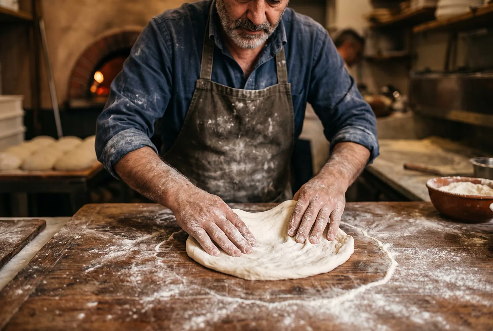 To hænder trykker pizzadejen ud på et melet træbord ved siden af ovnen.