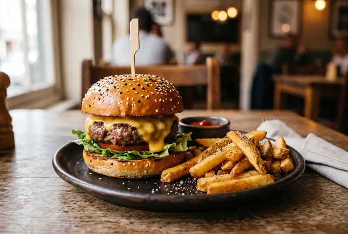 Burger med smeltet ost, salat og tomat, serveret med pommes frites og ketchup.