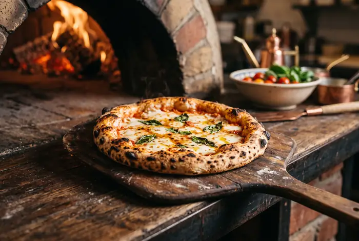 Nybagt pizza med mozzarella og basilikum på en træspade foran den brændende stenovn.