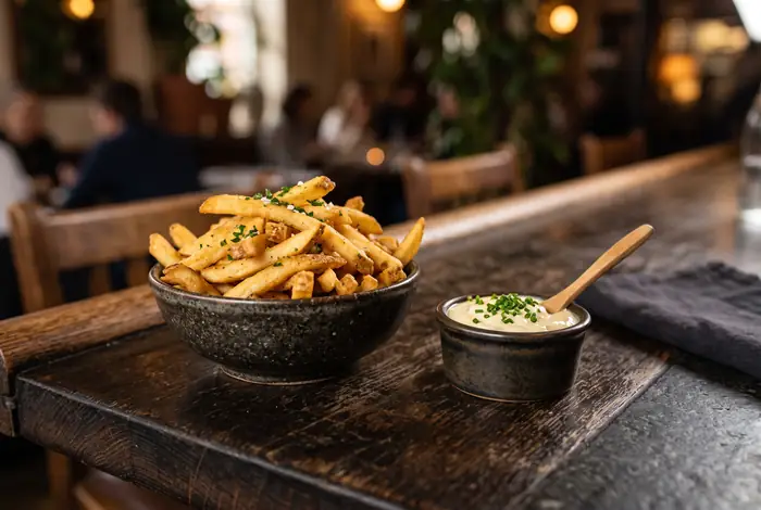 Skål med pommes frites drysset med krydderurter og en lille skål dressing ved siden af.