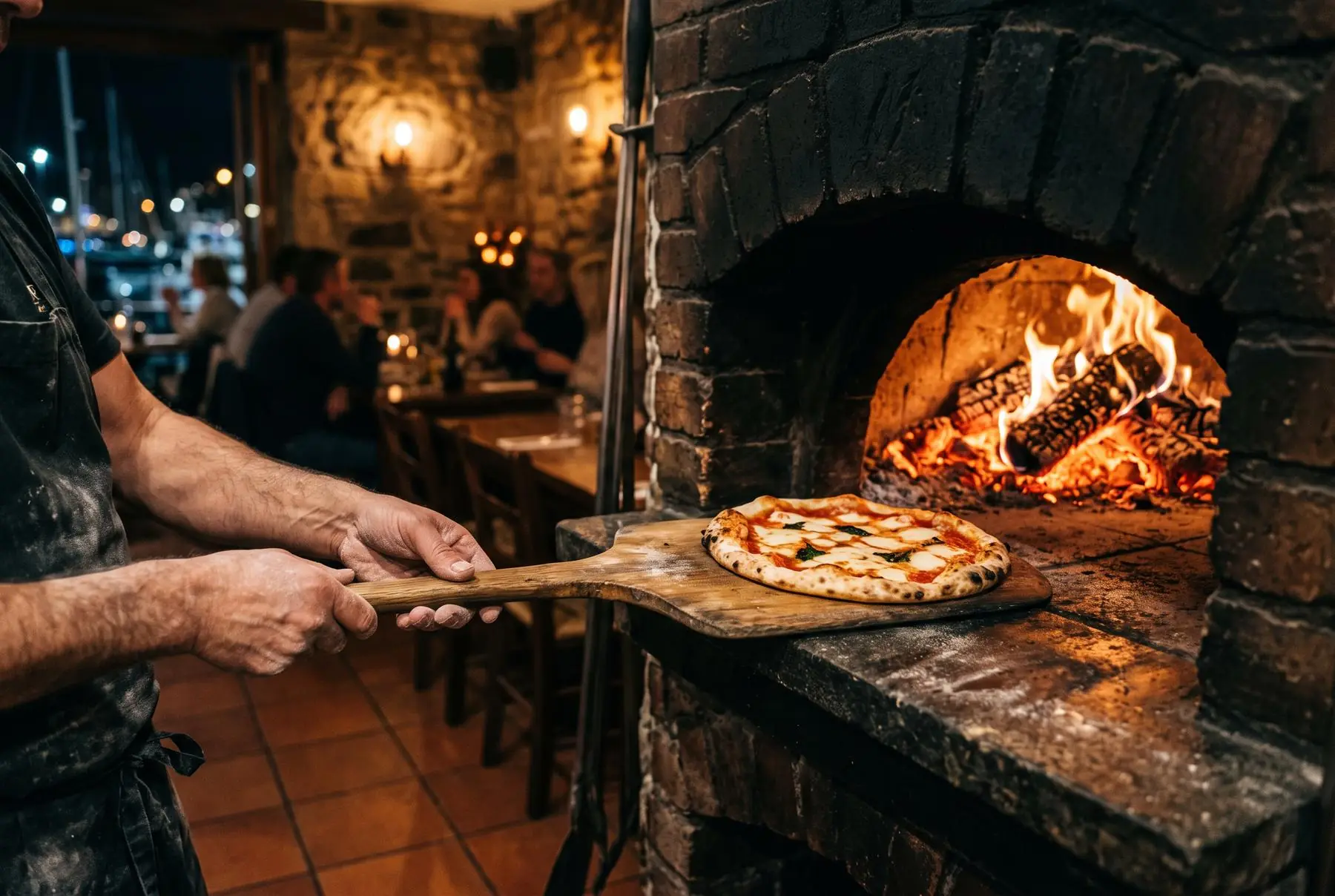 En kok trækker en pizza ud af stenovnen med en træspade, mens gæster sidder ved bordene bagved.