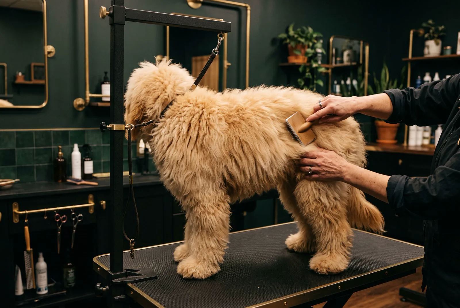 En stor lyshåret hund børstes på trimmebordet i den mørkegrønne salon