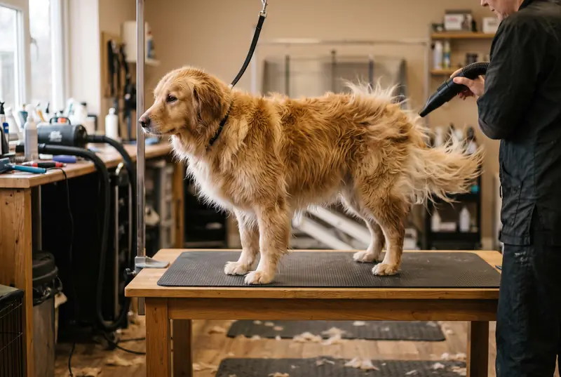 Mellemstor hund med underuld bliver foehnet