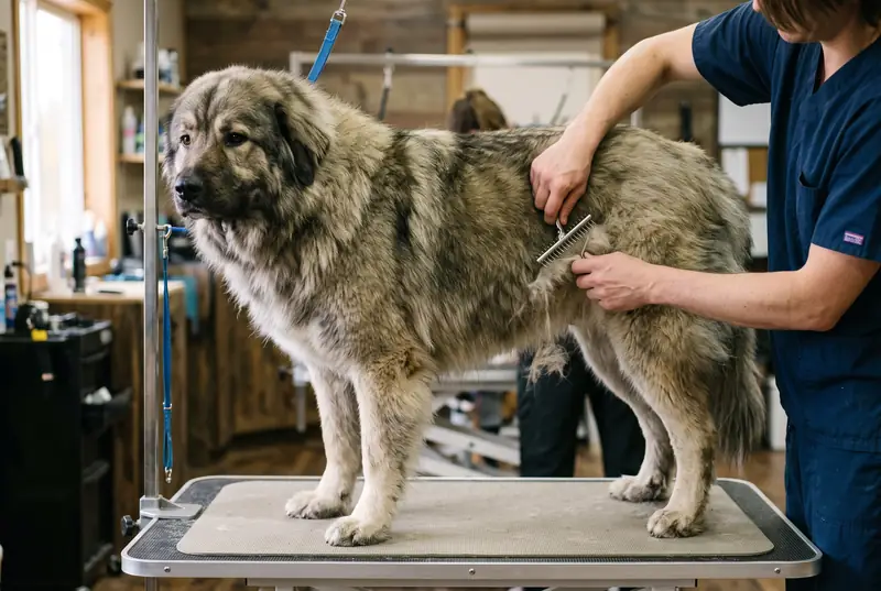 Stor hund med tyk underuld paa trimmebordet