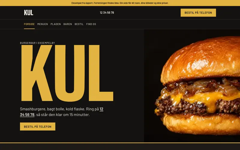 Eksempelside for en burgerbar: sort baggrund, gult navn på tværs og et stort billede af en burger
