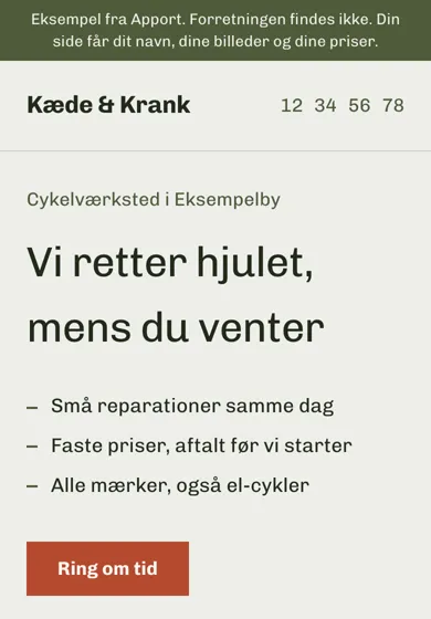 Forsiden af eksempelsiden for cykelværkstedet Kæde og Krank, set på en telefon