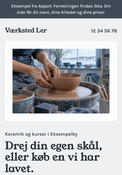 Forsiden af eksempelsiden for keramikværkstedet Værksted Ler, set på en telefon