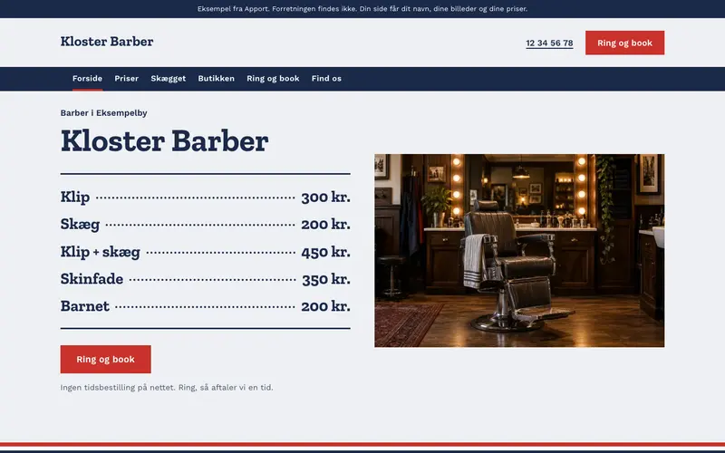 Eksempelside for en barbershop: lys baggrund, mørkeblå skrift og prislisten øverst
